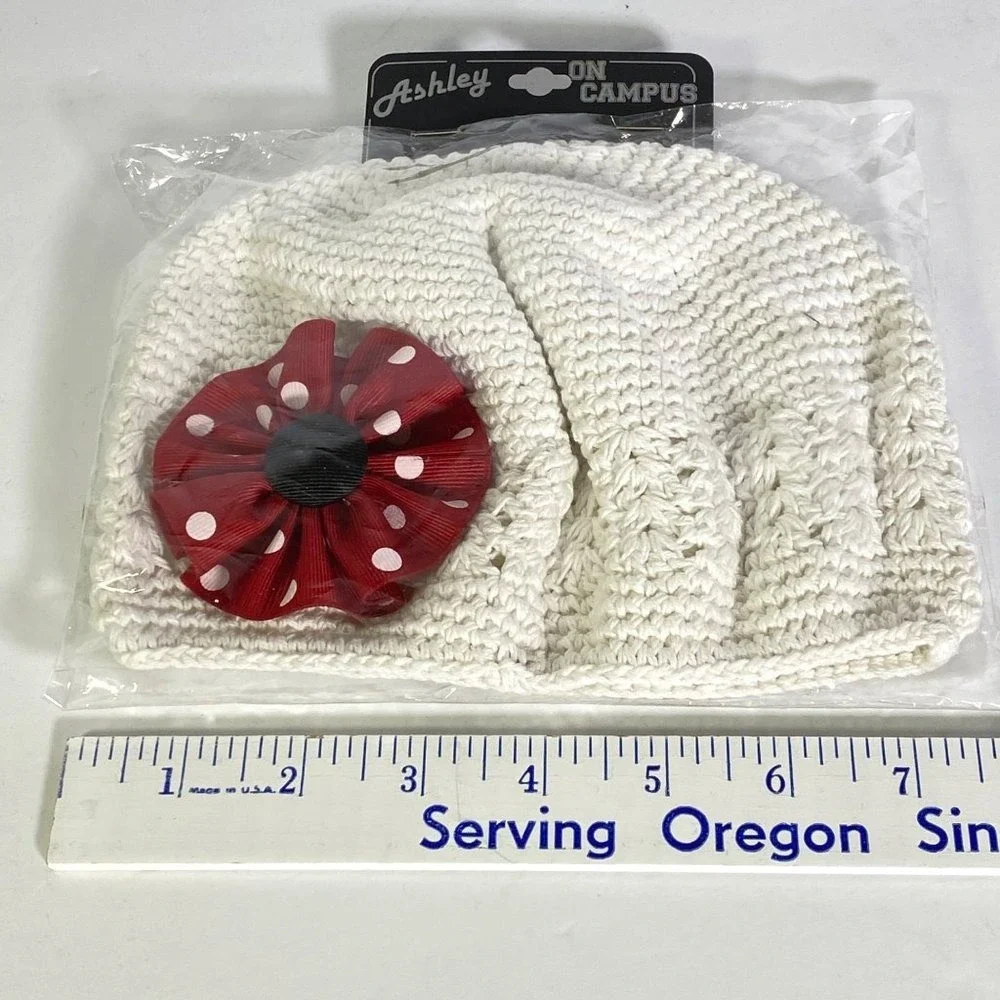 My‎ Lello Hat Handmade Beanie Little Girl Crochet White Kufi Flower New